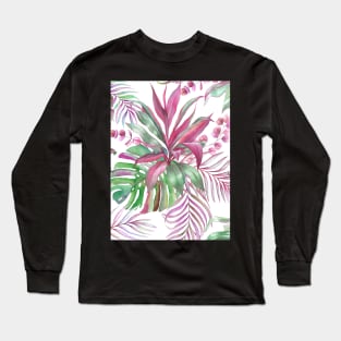 Tropical colorful watercolor leaves composition. Exotic Monstera, cordyline, eucalyptus leaves summer print Long Sleeve T-Shirt